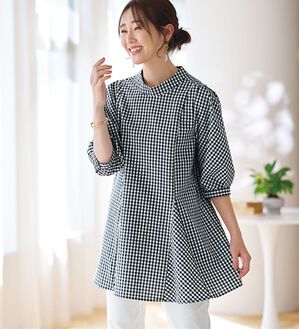 BELLUNA（ベルーナ）の「着痩せ！サッカー素材切替ブラウス（ブラウス）」｜ネイビーギンガム