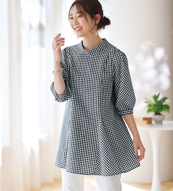 BELLUNA（ベルーナ）の「着痩せ！サッカー素材切替ブラウス（ブラウス）」｜ネイビーギンガム