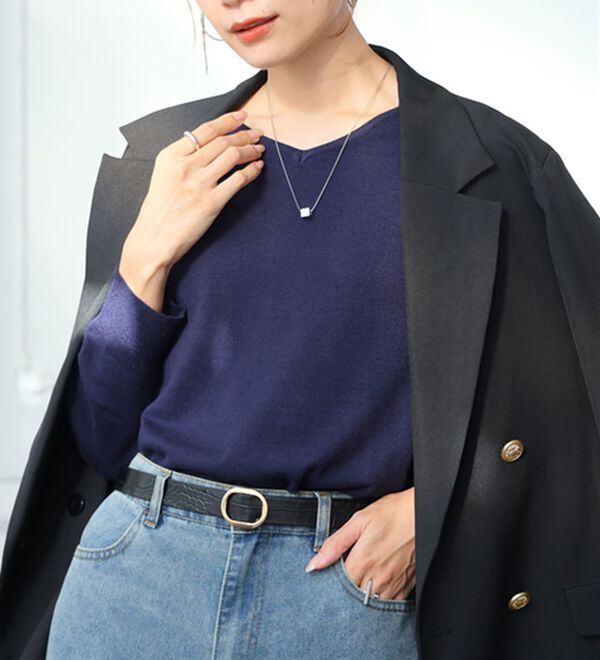 A HAPPY MARILYN（アハッピーマリリン）の「【Ｌ～８Ｌ】Ｒｉｎ フィット感軽減！Ｔシャツ感覚もっちりやわらかＶネックニット（ニット・セーター）」｜詳細画像