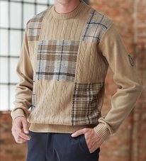 「＜ハッシュパピー＞パッチワークケーブルセーター（メンズニット・セーター）」