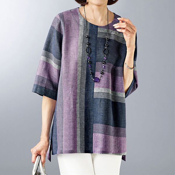 BELLUNA（ベルーナ）の「麻トリアセテート素材切替ブラウス(ネックレス付)（ブラウス）」｜詳細画像