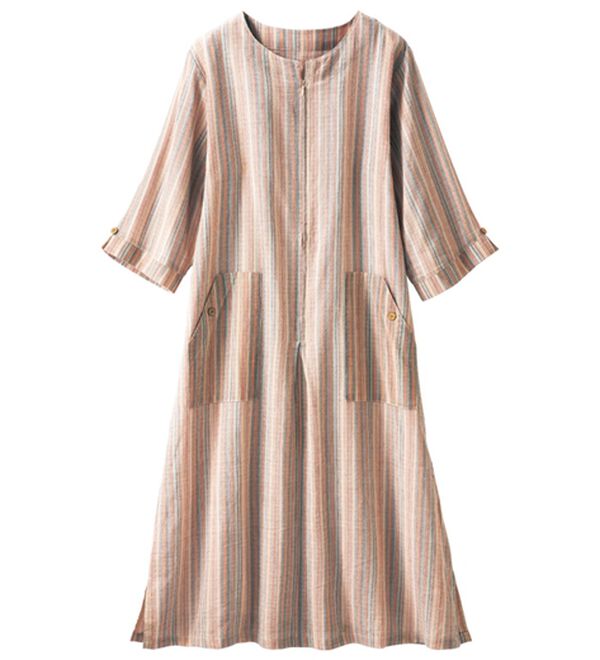 「さらり綿１００％しじら織調ワンピース（パジャマ・ルームウェア）」｜ベージュ系
