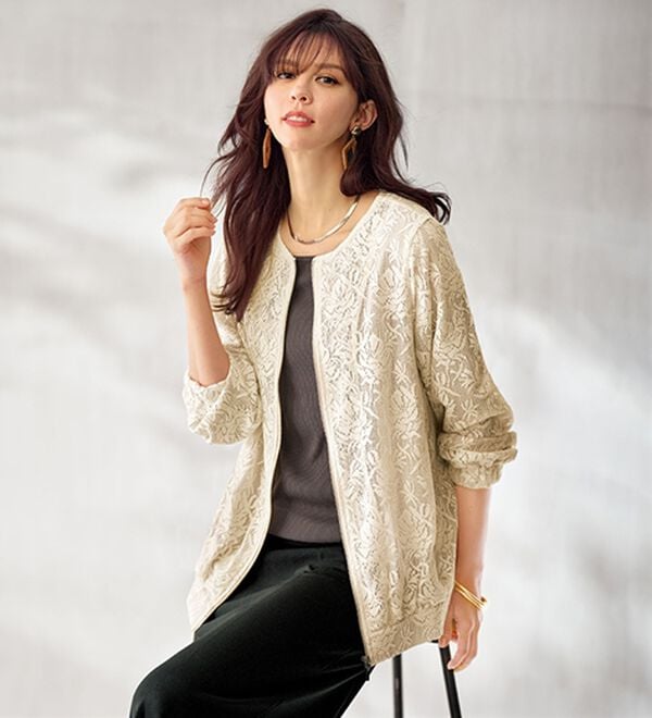 BELLUNA（ベルーナ）の「フラワー幾何柄レース配色ジャケット（その他ジャケット）」｜アイボリー