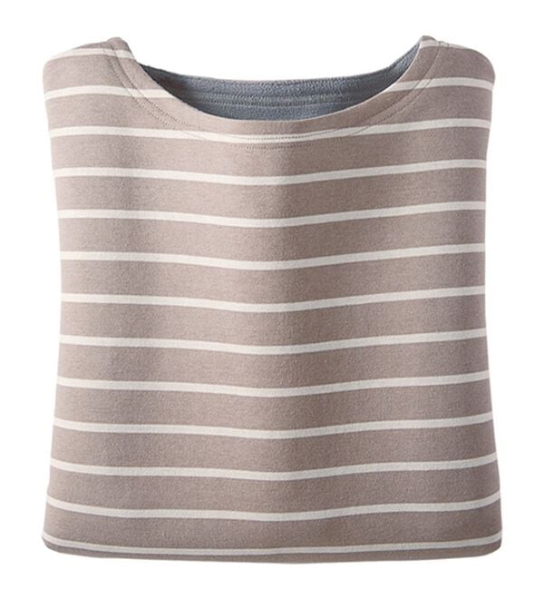 BELLUNA（ベルーナ）の「裏フリース配色プルオーバー（カットソー）」｜ボーダー(ローズグレー／白)