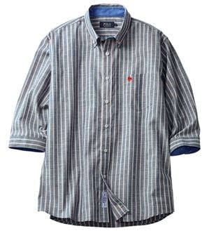 「＜ポロ・ビーシーエス＞麻入りさらさら７分袖シャツ（メンズシャツ）」｜ネイビーストライプ