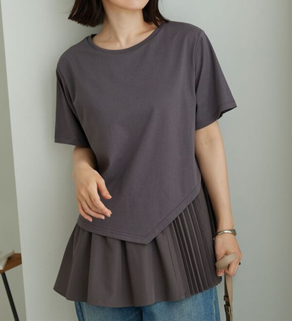 BELLUNA（ベルーナ）の「異素材使い裾アシメデザインチュニック（チュニック）」｜チャコール