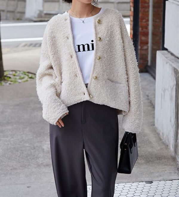 RANAN（ラナン）の「ゴールド調ボタンループ編みニットジャケット（ニットカーディガン）」｜詳細画像