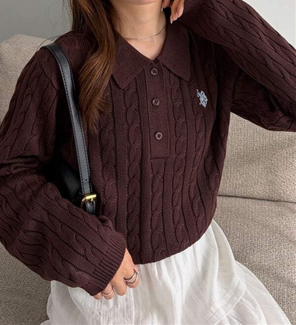 RANAN（ラナン）の「＜U.S.POLO ASSN.＞刺繍長袖ケーブルポロニット（ニット・セーター）」｜ブラウン