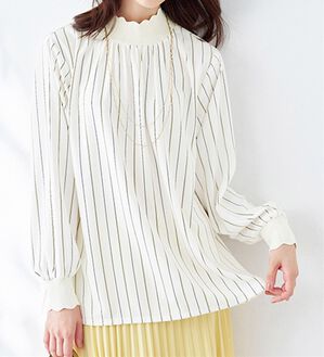 BELLUNA（ベルーナ）の「衿＆袖ニット使い美人顔ブラウス（ブラウス）」｜オフ白系ストライプ