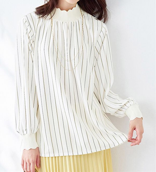 BELLUNA（ベルーナ）の「衿＆袖ニット使い美人顔ブラウス（ブラウス）」｜オフ白系ストライプ