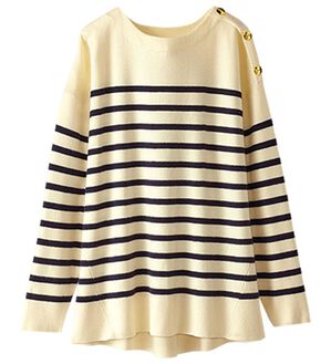 BELLUNA（ベルーナ）の「肩ボタン使いボーダーニットプルオーバー（ニット・セーター）」｜オフ白／ネイビー