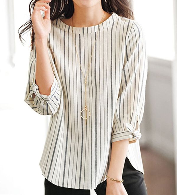 柔らか綿麻袖リボン裾ラウンドブラウス - ベルーナ【公式】 