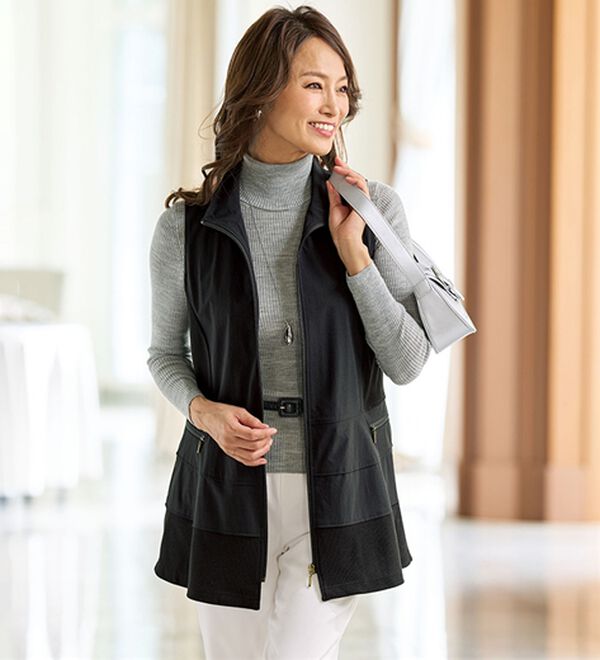 BELLUNA（ベルーナ）の「《持ち運びに便利！》ハイテンション素材リブ切替ベスト（ベスト）」｜黒