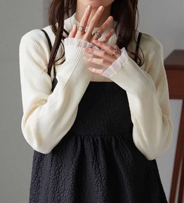 RANAN（ラナン）の「【春色追加】シアーフリル袖ハイネックリブニット（ニット・セーター）」｜詳細画像