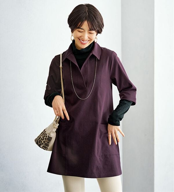 BELLUNA（ベルーナ）の「なめらかポンチ素材衿付きチュニック（チュニック）」｜ワイン