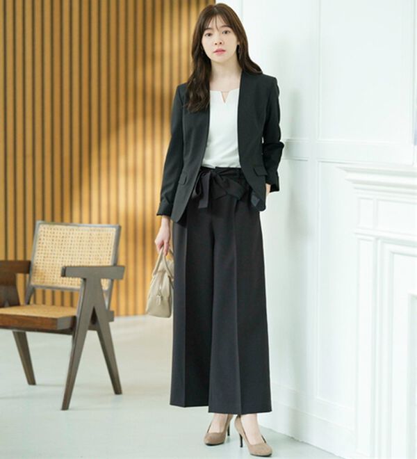 2点セットアップ】洗えるストレッチノーカラーワイドパンツスーツ  
