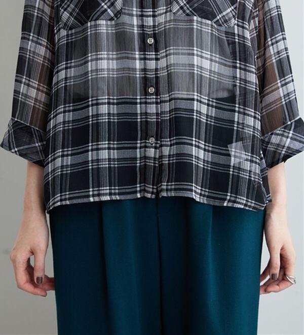 BELLUNA（ベルーナ）の「シフォン楊柳チェック柄プリントシャツ（シャツ）」｜詳細画像