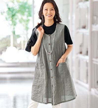 BELLUNA（ベルーナ）の「＜サッと着られてゆったり体型カバー！＞綿シャーリング素材ストライプ切替ジャンパードレス（チュニック）」
