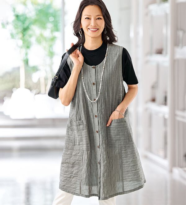 BELLUNA（ベルーナ）の「＜サッと着られてゆったり体型カバー！＞綿シャーリング素材ストライプ切替ジャンパードレス（チュニック）」｜詳細画像