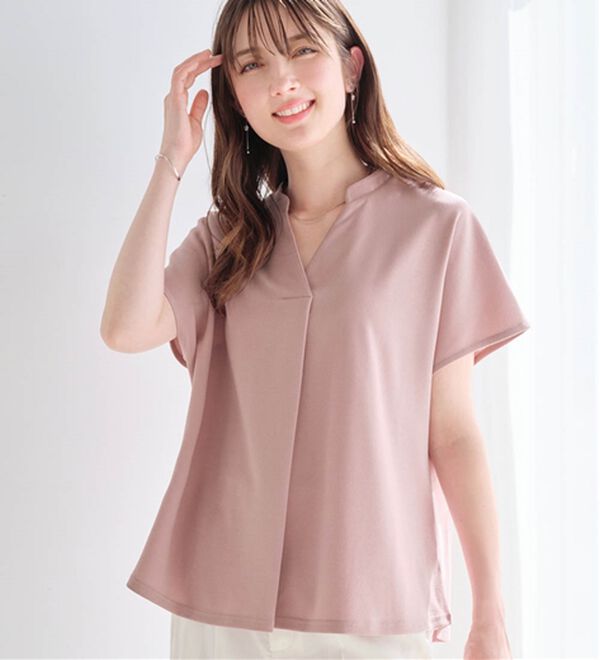 alotta（アロッタ）の「【４つの機能付】ひんやりスキッパーＴシャツブラウス（ブラウス）」｜ピンク