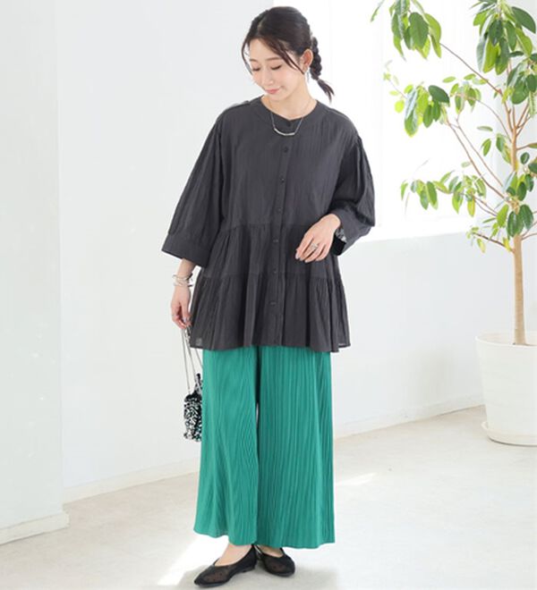 A HAPPY MARILYN（アハッピーマリリン）の「【Ｌ～６Ｌ】【風通るプレミアム】綿・楊柳七分袖ティアードブラウス（ブラウス）」｜詳細画像