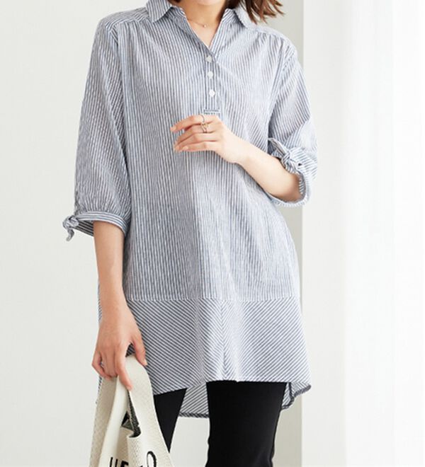 BELLUNA（ベルーナ）の「綿１００％ストライプ袖リボンチュニック（チュニック）」｜ネイビー系