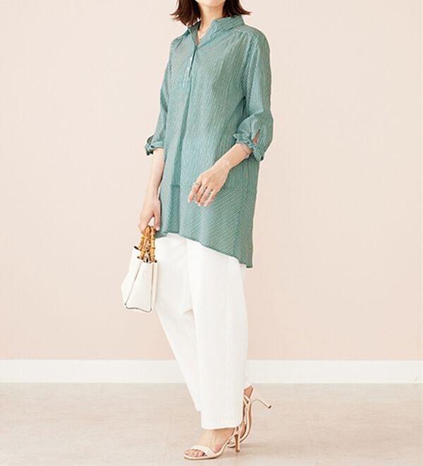 BELLUNA（ベルーナ）の「綿１００％ストライプ袖リボンチュニック（チュニック）」｜詳細画像