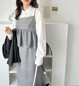 GeeRA（ジーラ）の「楽ちん！ペプラムキャミワンピース（カットソーワンピース）」｜グレー系ストライプ