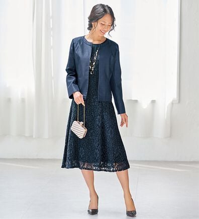 Tinaルネ　スーツ&紺ワンピース　セットアップ　36　ブローチ付き レースシャツワンピースセットアップスーツ「SU856」-RUIRUE BOUTIQUE