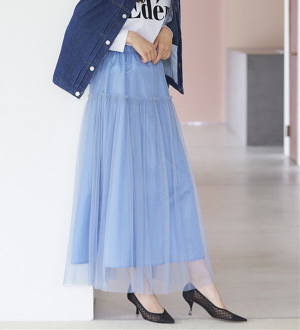 RANAN（ラナン）の「ふわっと可愛いフリルギャザーチュールスカート（ロングスカート）」｜ブルーグレー