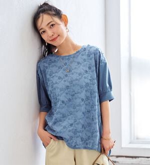 BELLUNA（ベルーナ）の「＜＆ｃｏｃｏｃｈｉ＞３Ｄレース切替コクーンブラウス（チュニック）」｜ブルー