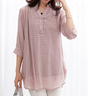 BELLUNA（ベルーナ）の「【シャツ+インナーのセット】スラブ素材ボタン使い裾タックシャツアンサンブル（アンサンブル）」｜ピンク