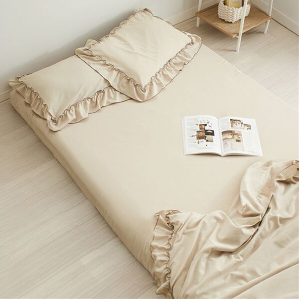 iellio（イエリオ）の「大人かわいいダブルフリル付布団カバーリング＜掛け布団カバー・ボックスシーツ・枕カバー・ずれにくい・オールシーズン・淡色＞（敷布団カバー・シーツ）」｜詳細画像