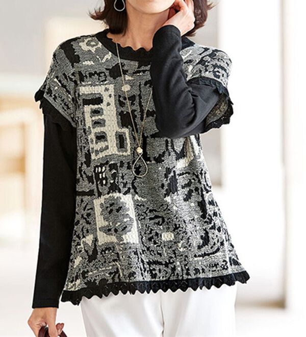 BELLUNA（ベルーナ）の「フクレジャカード重ねデザインセーター（ニット・セーター）」｜黒系