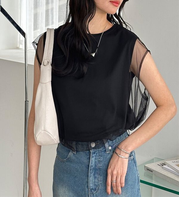 GeeRA（ジーラ）の「チュールカバーフレンチスリーブカットソー（カットソー）」｜詳細画像