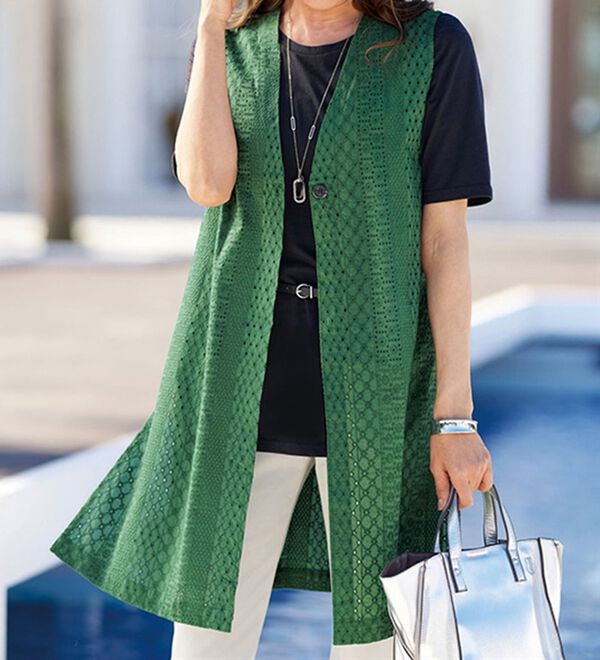 BELLUNA（ベルーナ）の「綿１００％カットワークレース素材ロングベスト（ベスト）」｜詳細画像