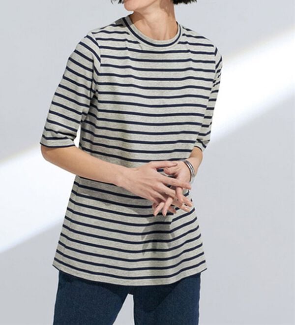 BELLUNA（ベルーナ）の「綿１００％抗菌防臭汗ジミ対策プルオーバー（カットソー）」｜杢グレー／ネイビー