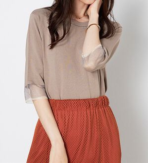 BELLUNA（ベルーナ）の「袖シアーラメ入りニットプルオーバー（ニット・セーター）」｜モカ