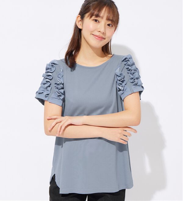 alotta（アロッタ）の「袖フリルひんやりカットソー（カットソー）」｜ブルー