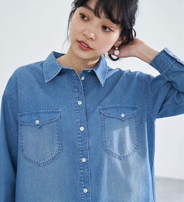 BELLUNA（ベルーナ）の「綿１００％ブラスト加工デニムシャツ（シャツ）」｜詳細画像