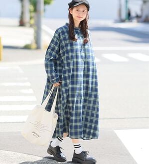 A HAPPY MARILYN（アハッピーマリリン）の「【大きいサイズ】【ＬＬ～８Ｌ】フランネル細魅せチェックシャツワンピース（シャツワンピース）」｜グリーンネイビー