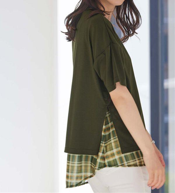 RANAN（ラナン）の「チェック柄異素材使いTシャツ（カットソー）」｜詳細画像