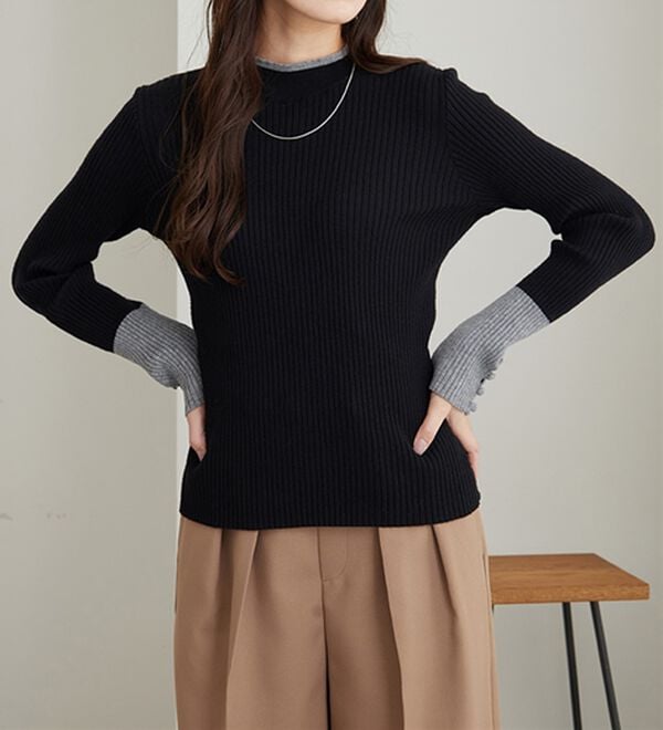 GeeRA（ジーラ）の「配色デザインくるみボタン付リブニット（ニット・セーター）」｜詳細画像