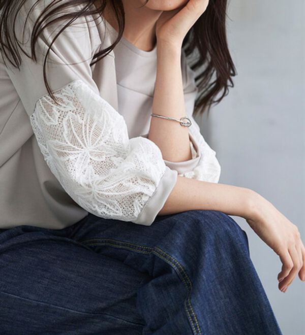 RANAN（ラナン）の「機能付！袖レース切替ロング丈カットソー（チュニック）」｜ライトグレー