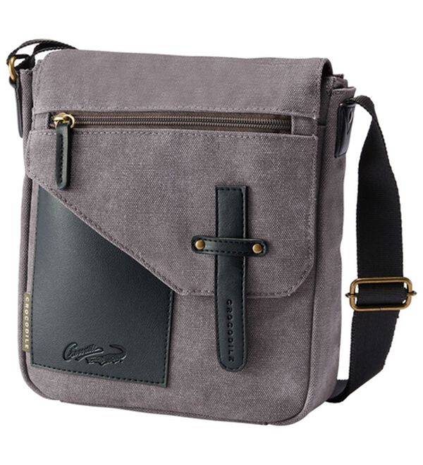 「＜クロコダイル＞洗い加工帆布スマートショルダー（メンズショルダーバッグ）」｜グレー