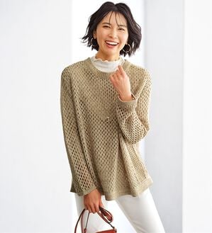 BELLUNA（ベルーナ）の「編地切替メッシュニットプルオーバー（ニット・セーター）」｜モカ