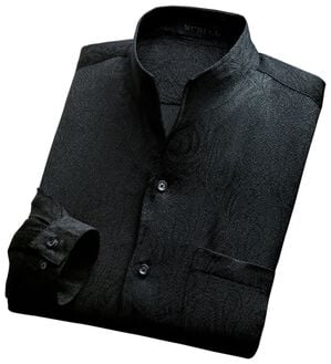 「日本製　ちりめんジャカードスタンドシャツ（メンズシャツ）」｜ブラック