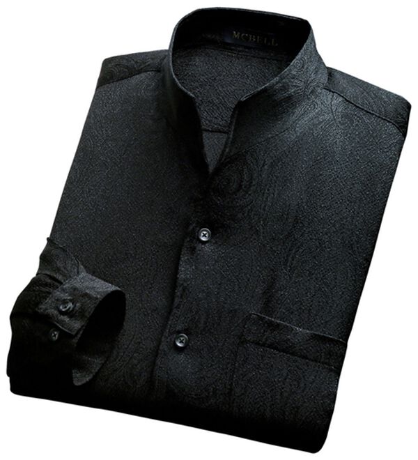 「日本製　ちりめんジャカードスタンドシャツ（メンズシャツ）」｜ブラック