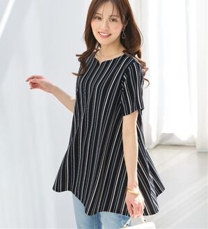 alotta（アロッタ）の「【接触冷感】さらっと快適！高見えフレアーロングチュニックＴシャツ（チュニック）」｜ネイビーストライプ