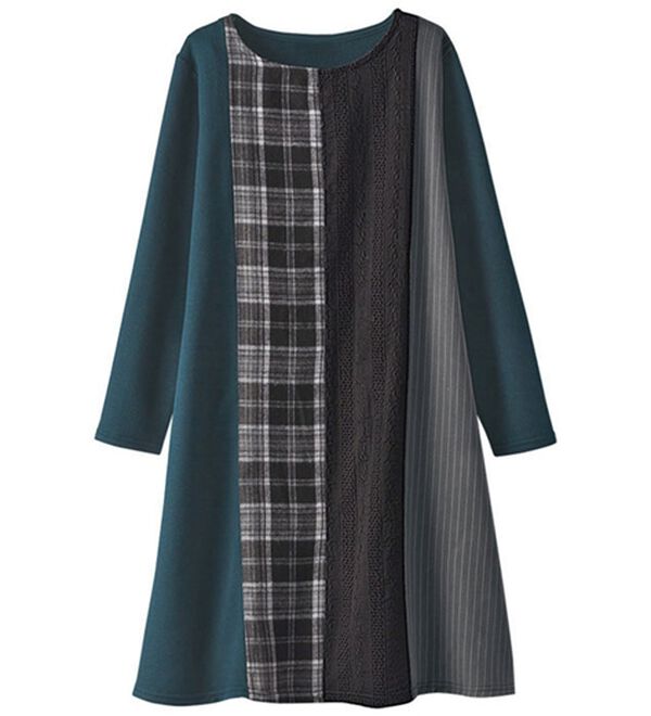 BELLUNA（ベルーナ）の「異素材切替裏起毛ワンピース（カットソーワンピース）」｜ターコイズ系